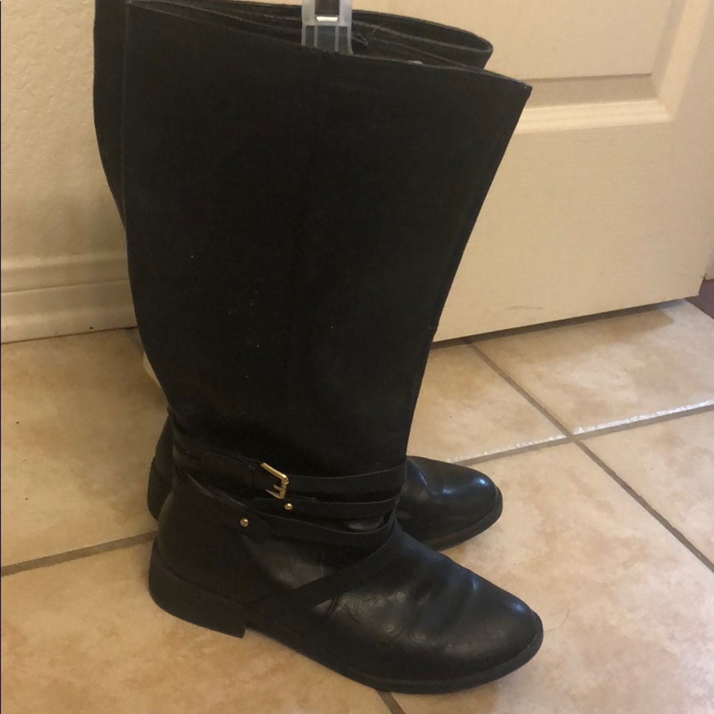 Faux Leather Black Buckle Strappy Winter Boots